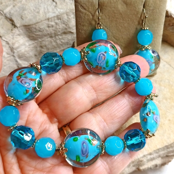 Italian Murano Glass  Bracelet and Earrings set Hand Crafted Vintage - Picture 5 of 6